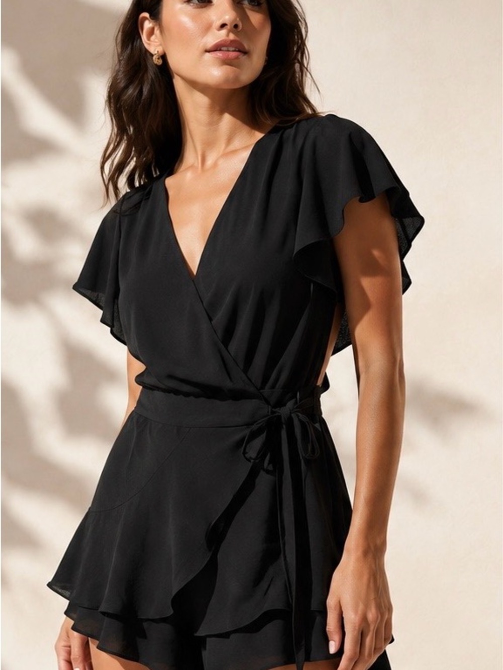 DO+BE Black Dark Romantic Ruffle Wrap Romper Flutter Sleeve M *
